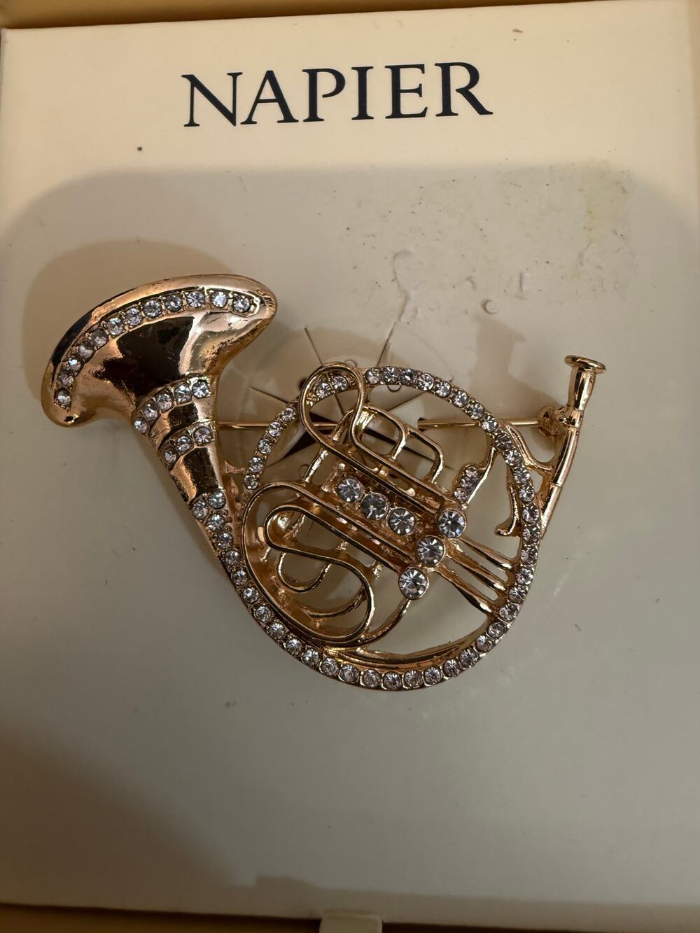 Authentic Napier Rhinestone French Horn Brooch Pin NIB Gold Tone